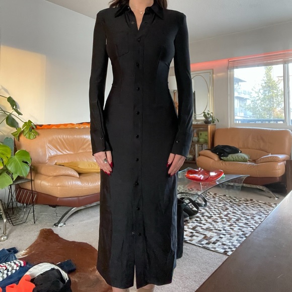NEW ALEXANDER WANG SHINY BLACK NYLON LONG SLEEVE BUTTON UP MIDI DRESS - Picture 3 of 9